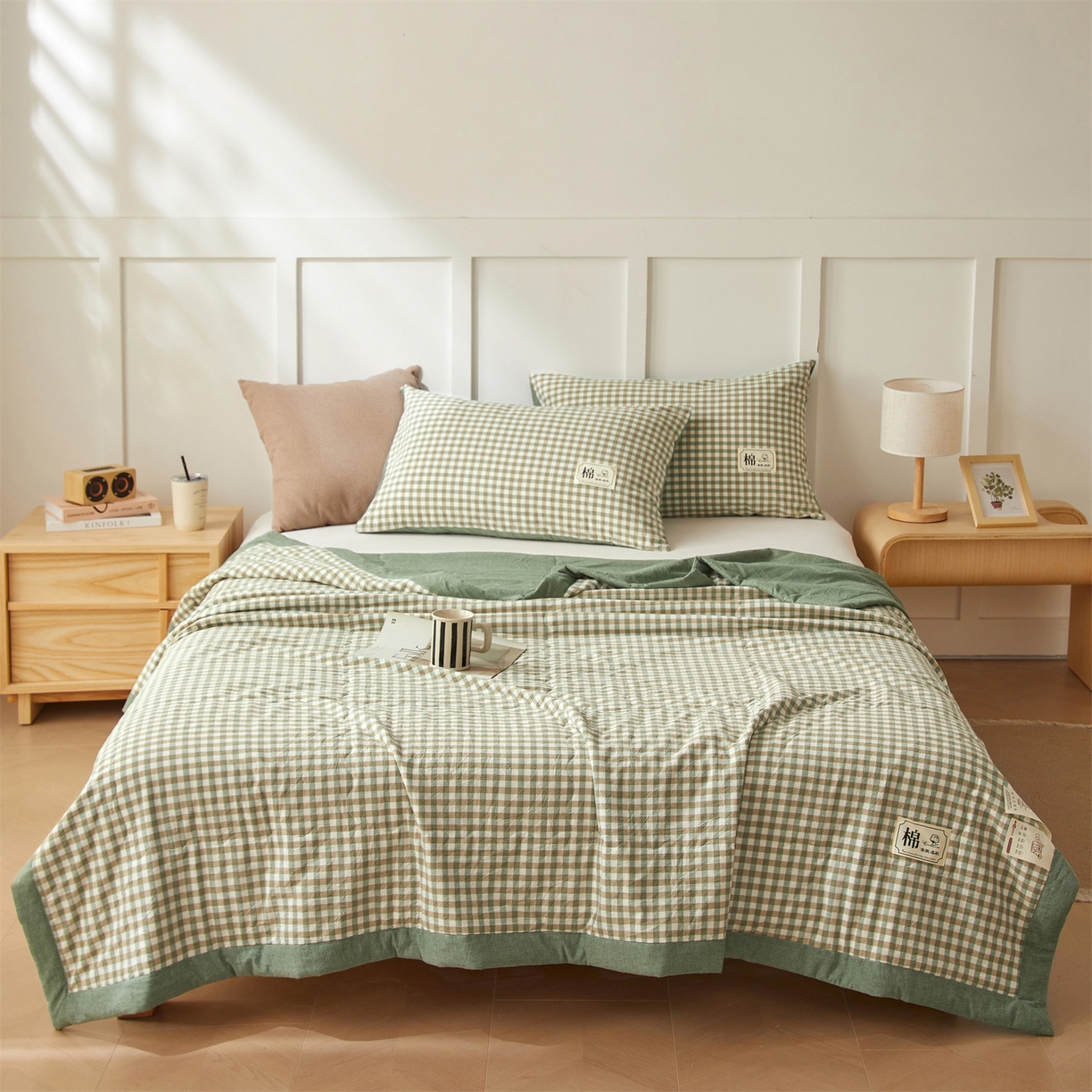 91家纺网 家纺一手货源 找家纺 招财星家纺 2026新款A类无印风100%新疆棉花夏被纯棉夏凉被空调被子薄被芯棉花被四件套 绿小格