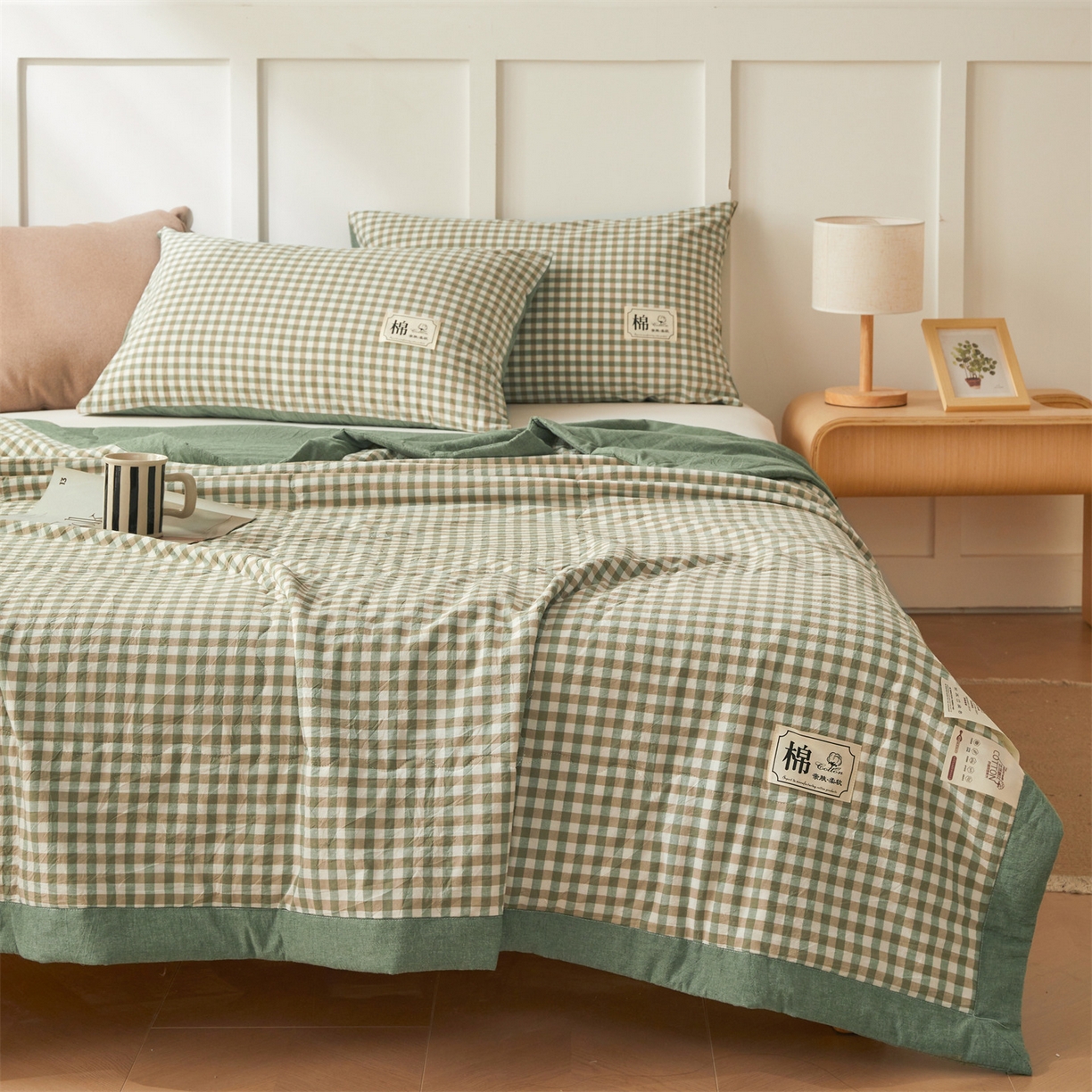 91家纺网 家纺一手货源 找家纺 招财星家纺 2026新款A类无印风100%新疆棉花夏被纯棉夏凉被空调被子薄被芯棉花被四件套 绿小格