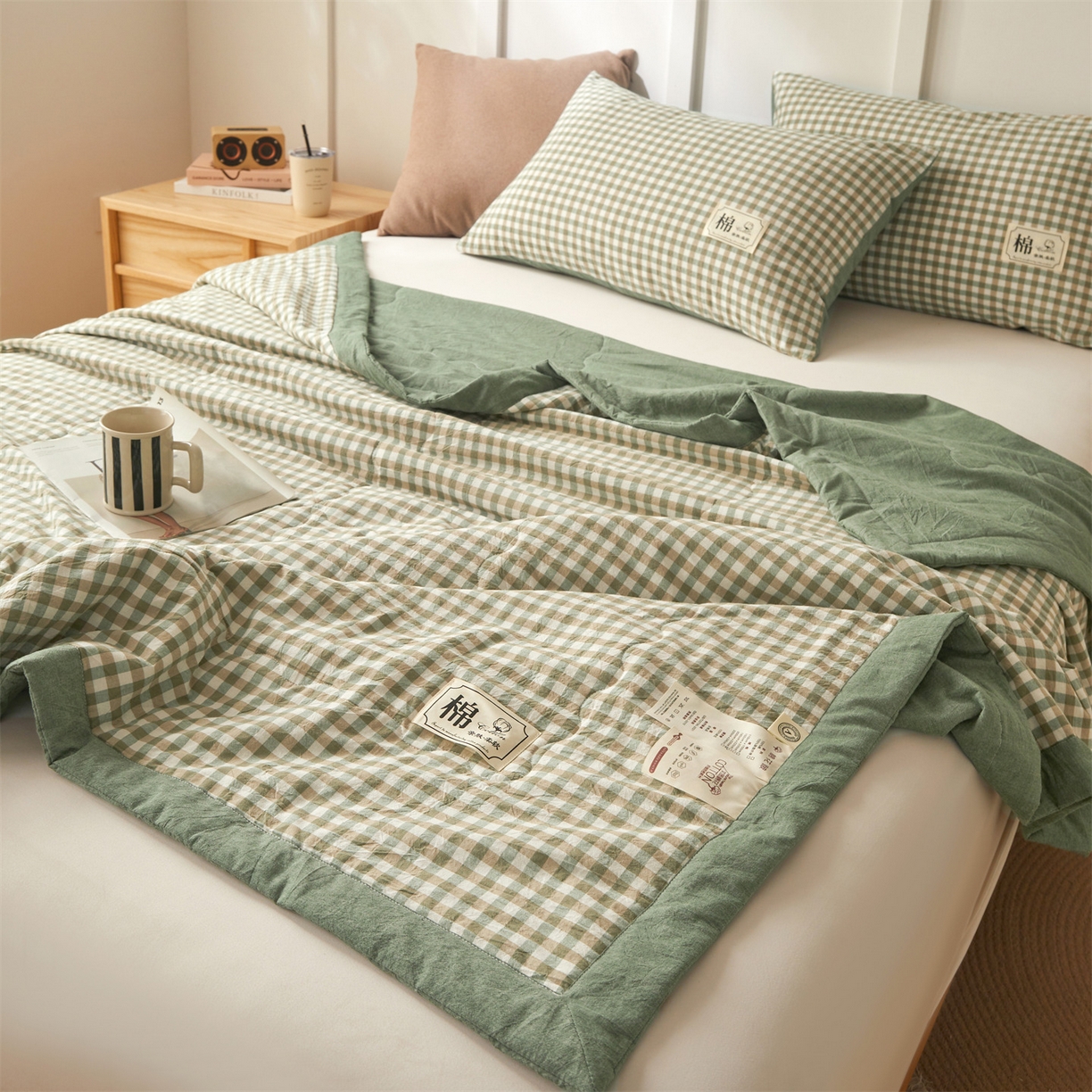 91家纺网 家纺一手货源 找家纺 招财星家纺 2026新款A类无印风100%新疆棉花夏被纯棉夏凉被空调被子薄被芯棉花被四件套 绿小格