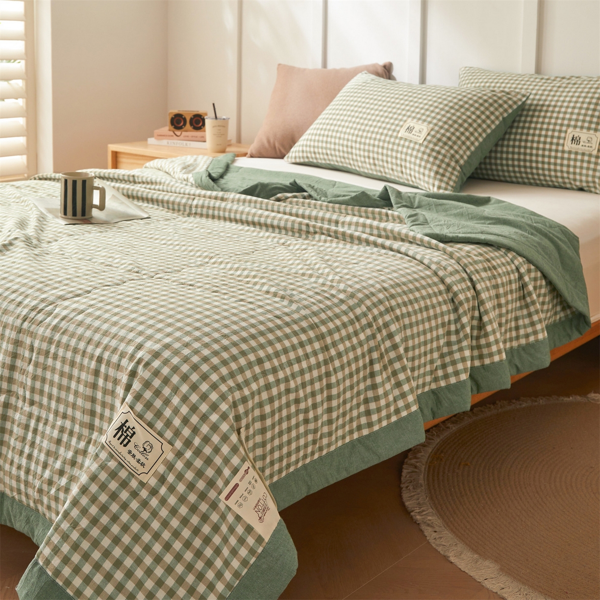 91家纺网 家纺一手货源 找家纺 招财星家纺 2026新款A类无印风100%新疆棉花夏被纯棉夏凉被空调被子薄被芯棉花被四件套 绿小格