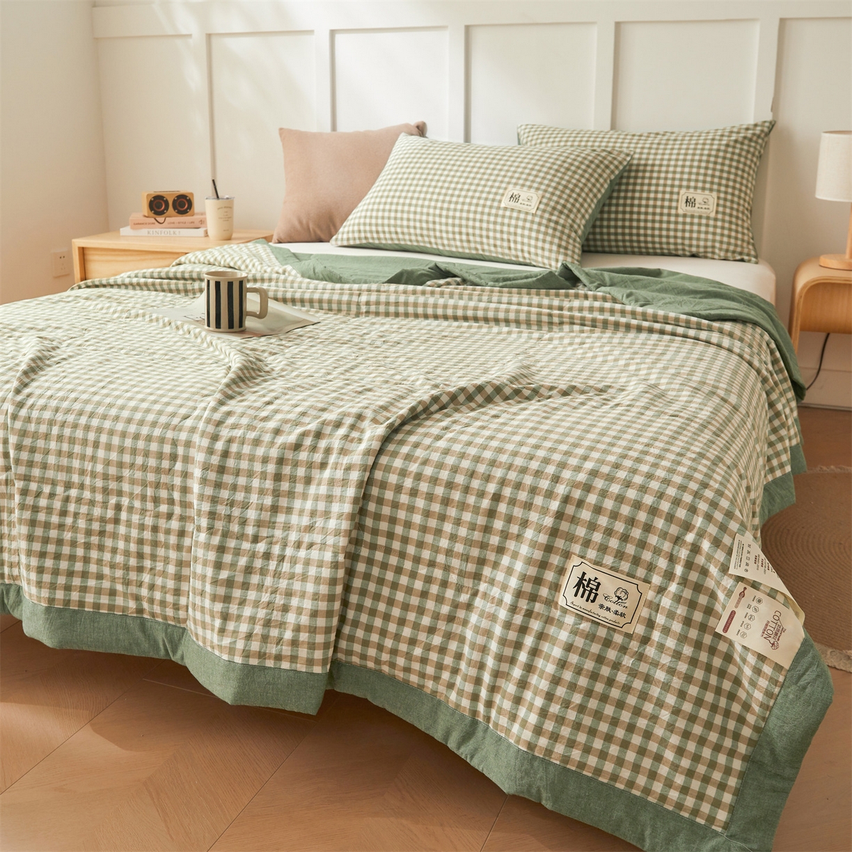 91家纺网 家纺一手货源 找家纺 招财星家纺 2026新款A类无印风100%新疆棉花夏被纯棉夏凉被空调被子薄被芯棉花被四件套 绿小格