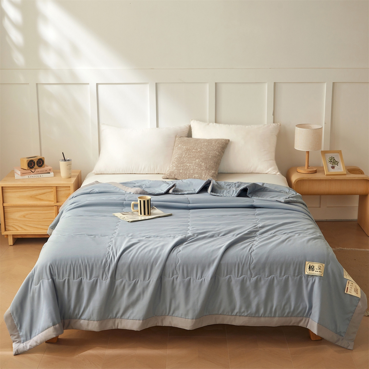 91家纺网 家纺一手货源 找家纺 招财星家纺 2026新款A类无印风100%新疆棉花夏被纯棉夏凉被空调被子薄被芯棉花被四件套 清新蓝