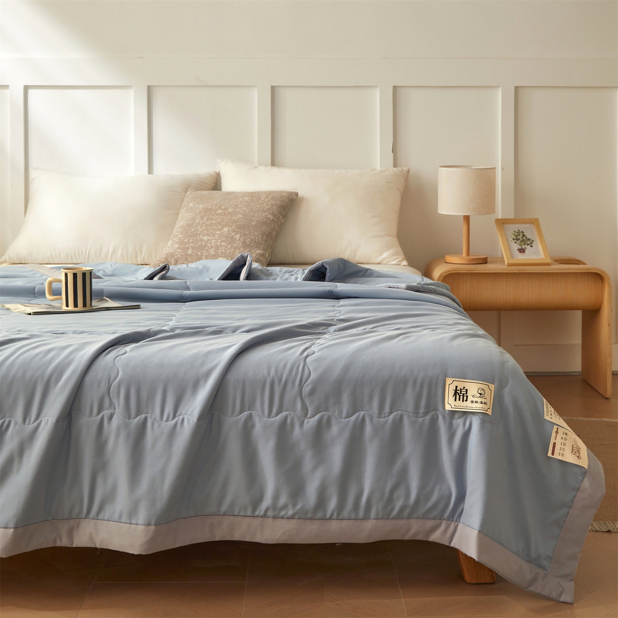 91家纺网 家纺一手货源 找家纺 招财星家纺 2026新款A类无印风100%新疆棉花夏被纯棉夏凉被空调被子薄被芯棉花被四件套 清新蓝