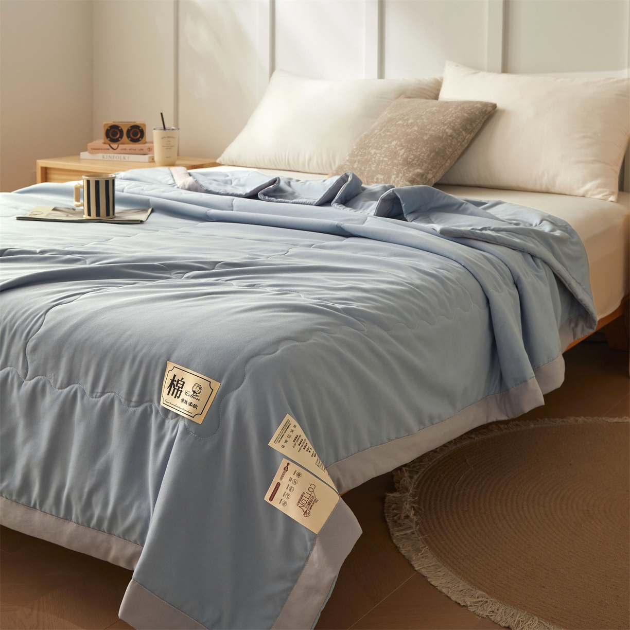 91家纺网 家纺一手货源 找家纺 招财星家纺 2026新款A类无印风100%新疆棉花夏被纯棉夏凉被空调被子薄被芯棉花被四件套 清新蓝
