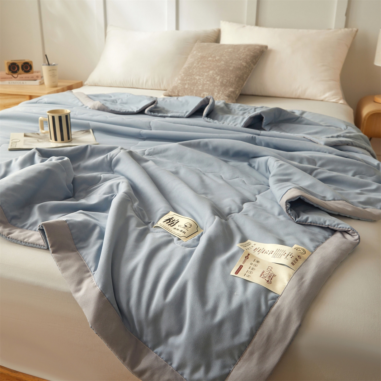 91家纺网 家纺一手货源 找家纺 招财星家纺 2026新款A类无印风100%新疆棉花夏被纯棉夏凉被空调被子薄被芯棉花被四件套 清新蓝