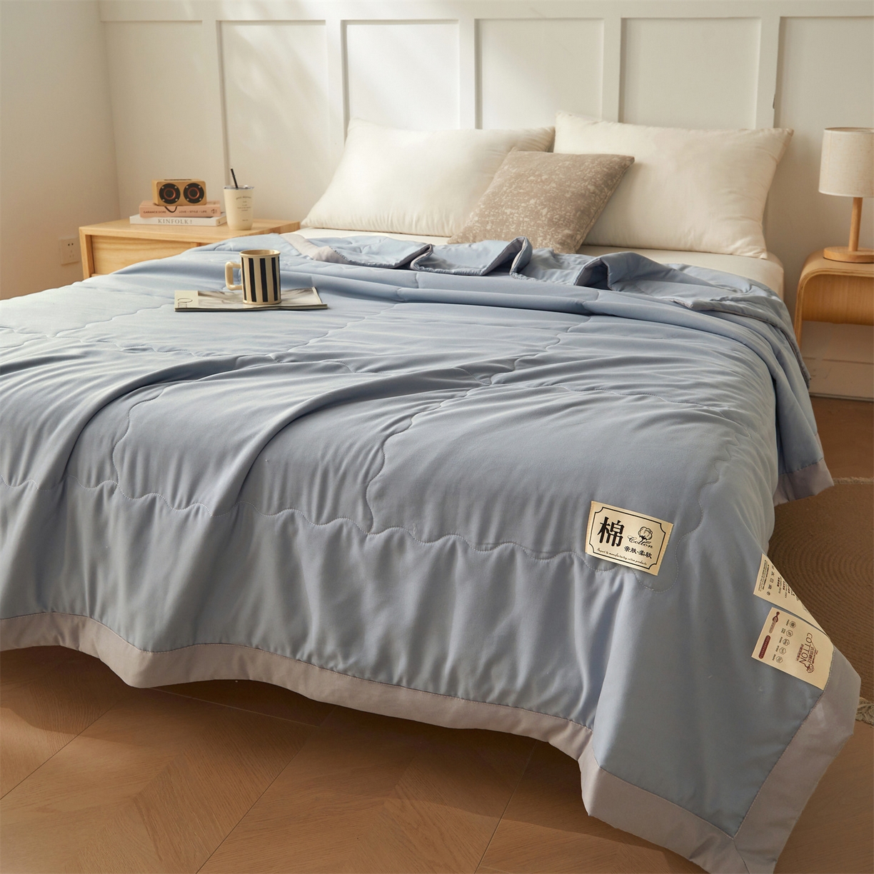91家纺网 家纺一手货源 找家纺 招财星家纺 2026新款A类无印风100%新疆棉花夏被纯棉夏凉被空调被子薄被芯棉花被四件套 清新蓝