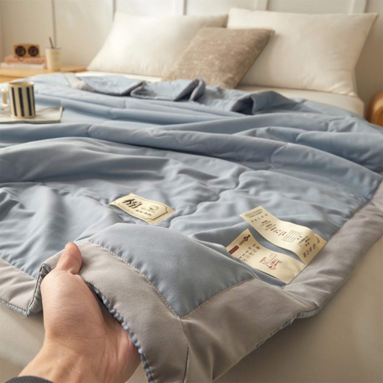 91家纺网 家纺一手货源 找家纺 招财星家纺 2026新款A类无印风100%新疆棉花夏被纯棉夏凉被空调被子薄被芯棉花被四件套 清新蓝