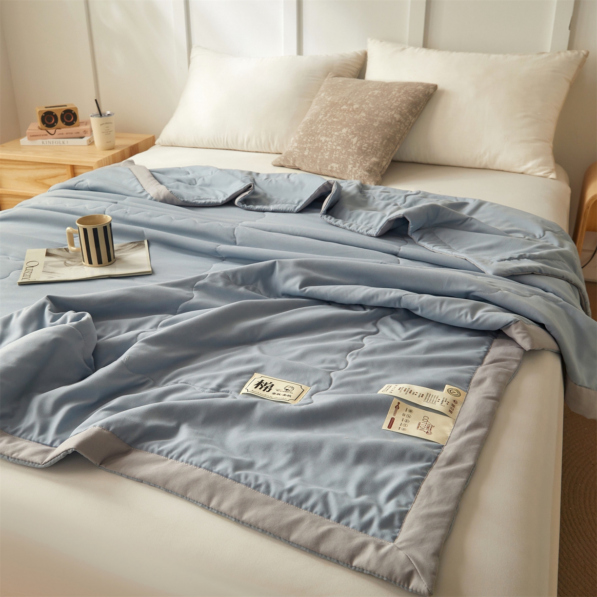 91家纺网 家纺一手货源 找家纺 招财星家纺 2026新款A类无印风100%新疆棉花夏被纯棉夏凉被空调被子薄被芯棉花被四件套 清新蓝