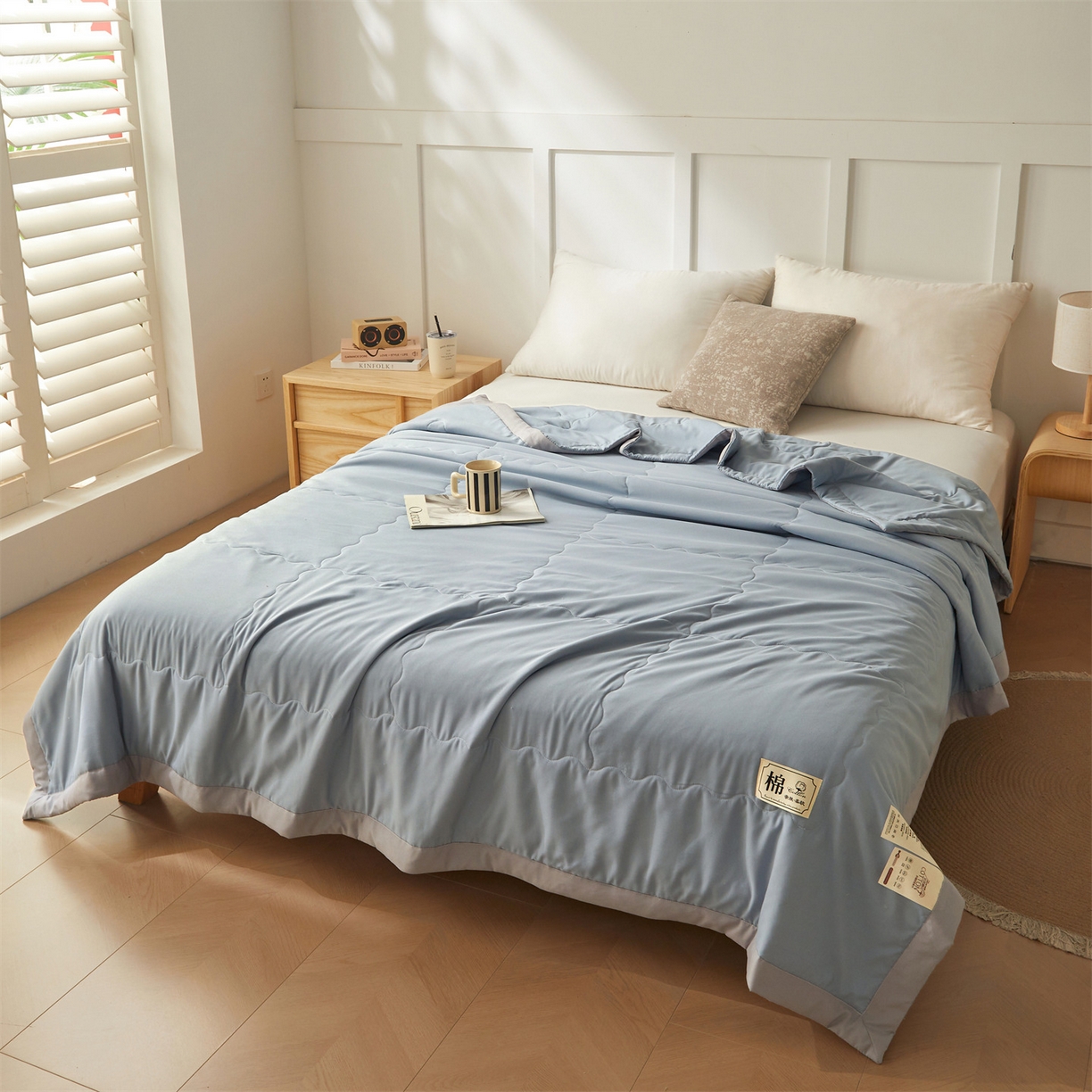 91家纺网 家纺一手货源 找家纺 招财星家纺 2026新款A类无印风100%新疆棉花夏被纯棉夏凉被空调被子薄被芯棉花被四件套 清新蓝