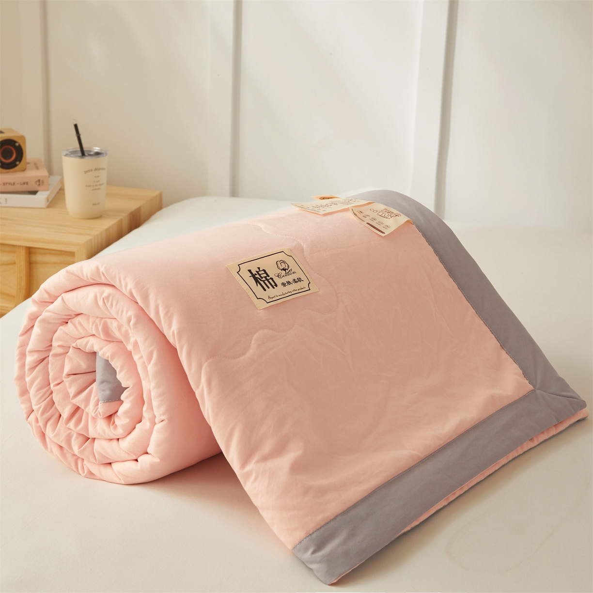 招财星家纺 2026新款A类无印风100%新疆棉花夏被纯棉夏凉被空调被子薄被芯棉花被四件套 香妃粉