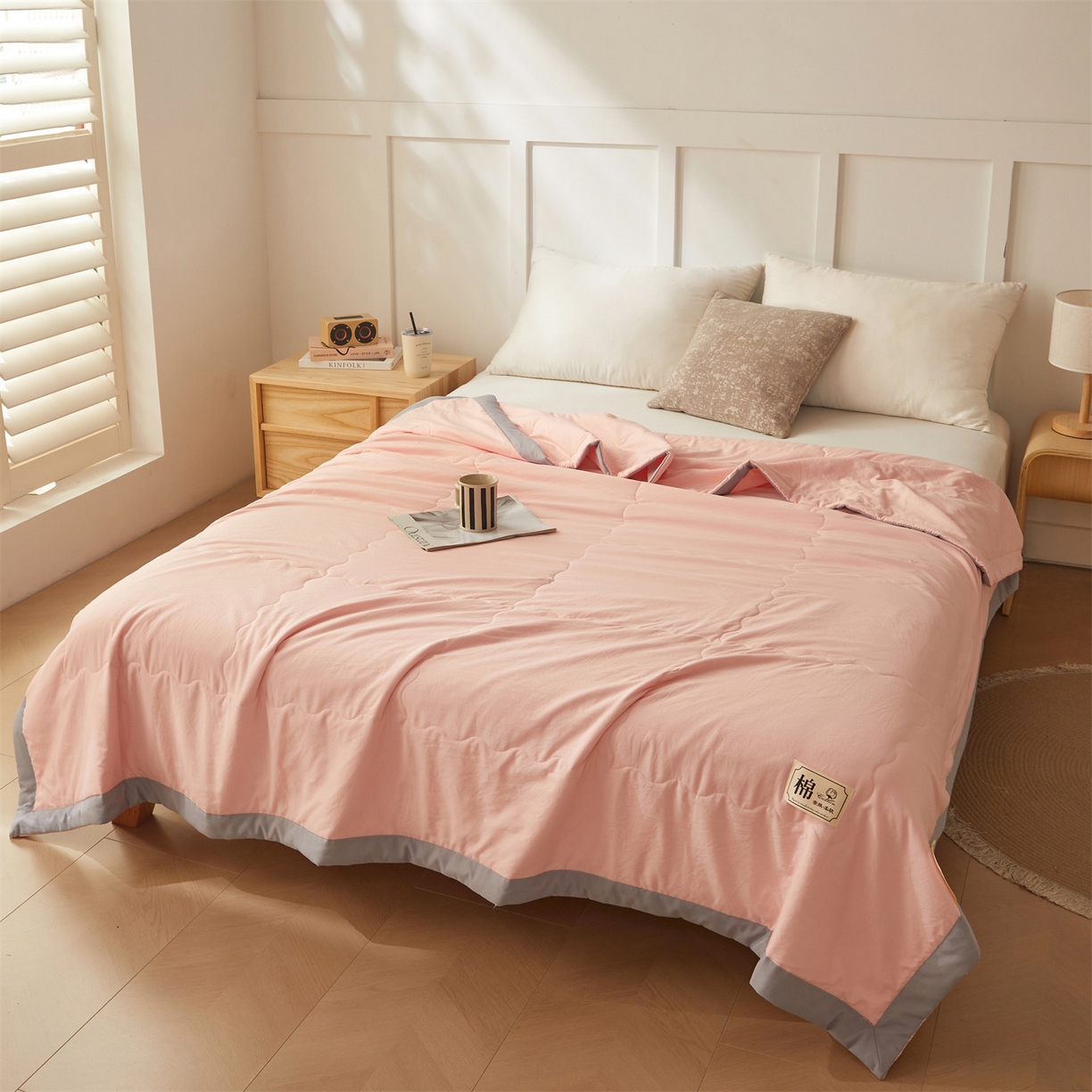 91家纺网 家纺一手货源 找家纺 招财星家纺 2026新款A类无印风100%新疆棉花夏被纯棉夏凉被空调被子薄被芯棉花被四件套 香妃粉