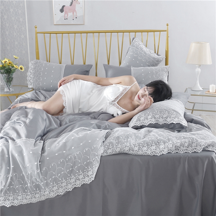 91家纺网 家纺一手货源 找家纺 韩秀 2026新款水洗真丝四件套-甜馨系列 甜馨-银灰2