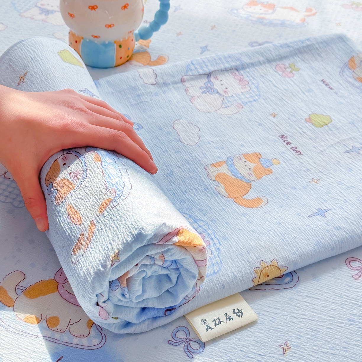 91家纺网 家纺一手货源 找家纺 眠势力 2026新款双层纱床单单件云感皱皱纱床罩三件套 海盐奶猫