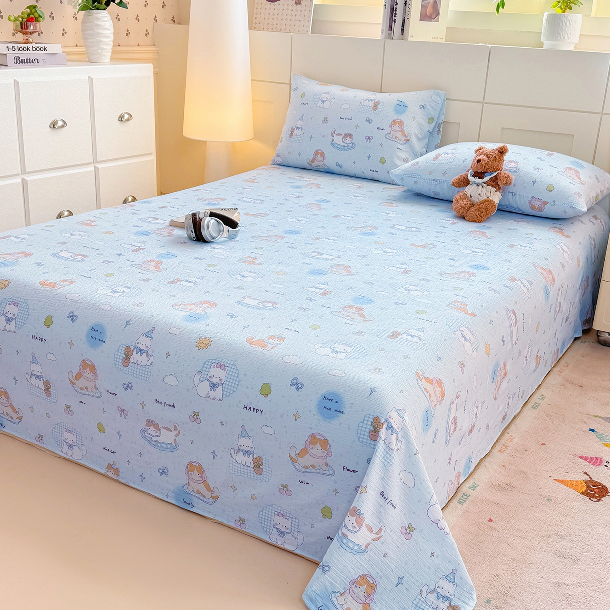 91家纺网 家纺一手货源 找家纺 眠势力 2026新款双层纱床单单件云感皱皱纱床罩三件套 海盐奶猫