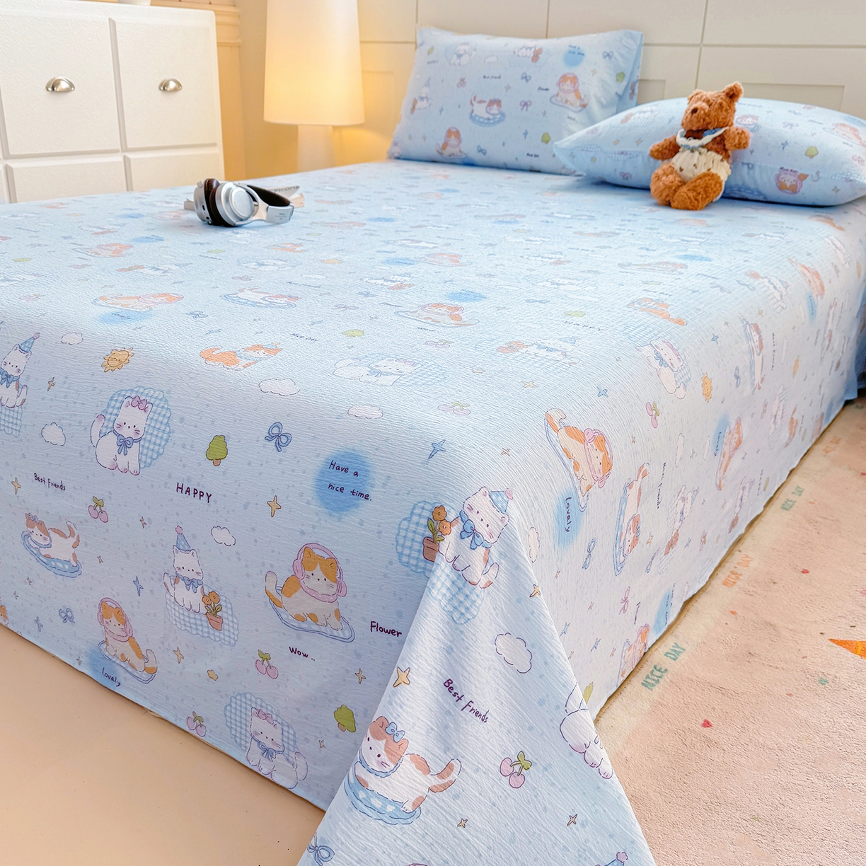 91家纺网 家纺一手货源 找家纺 眠势力 2026新款双层纱床单单件云感皱皱纱床罩三件套 海盐奶猫