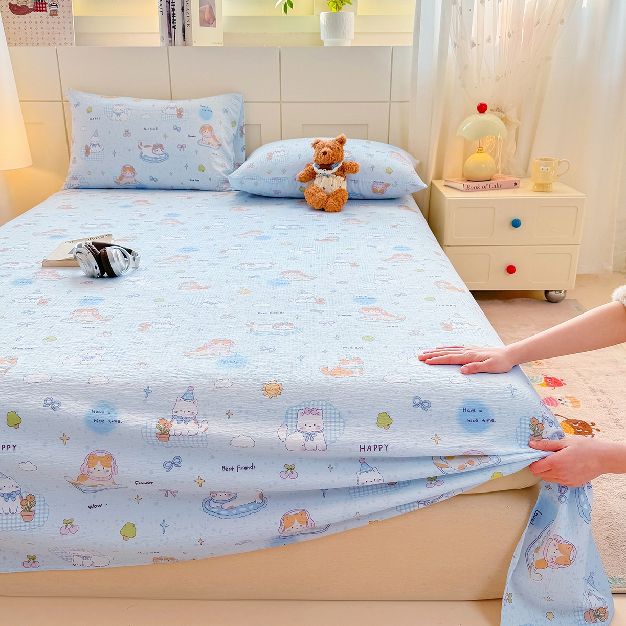 91家纺网 家纺一手货源 找家纺 眠势力 2026新款双层纱床单单件云感皱皱纱床罩三件套 海盐奶猫