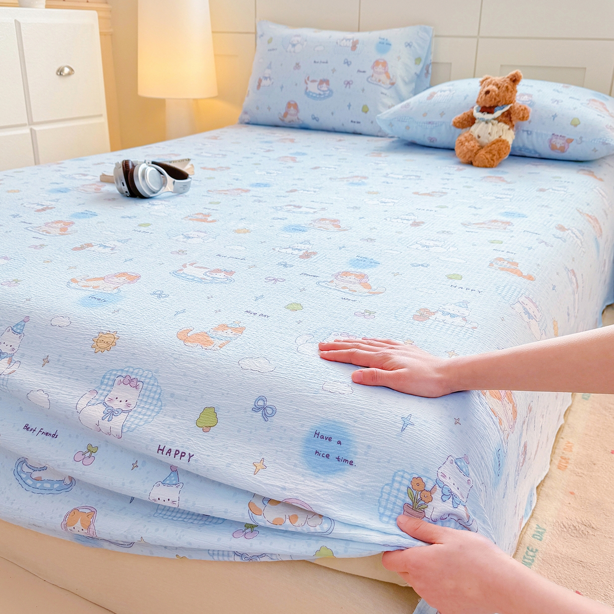 91家纺网 家纺一手货源 找家纺 眠势力 2026新款双层纱床单单件云感皱皱纱床罩三件套 海盐奶猫