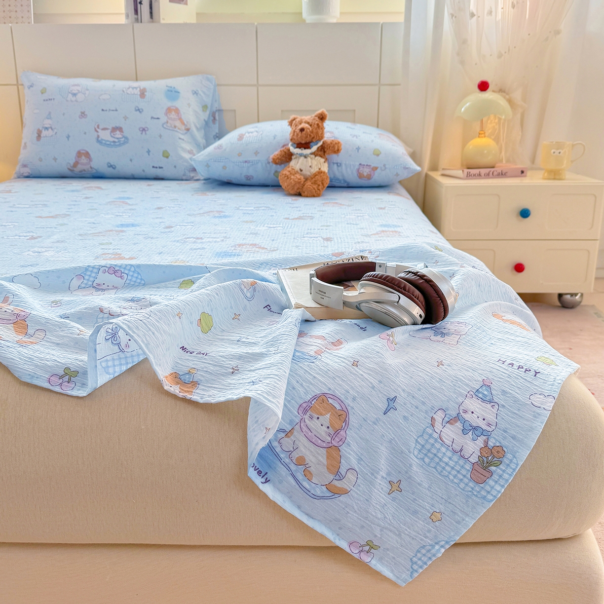 91家纺网 家纺一手货源 找家纺 眠势力 2026新款双层纱床单单件云感皱皱纱床罩三件套 海盐奶猫