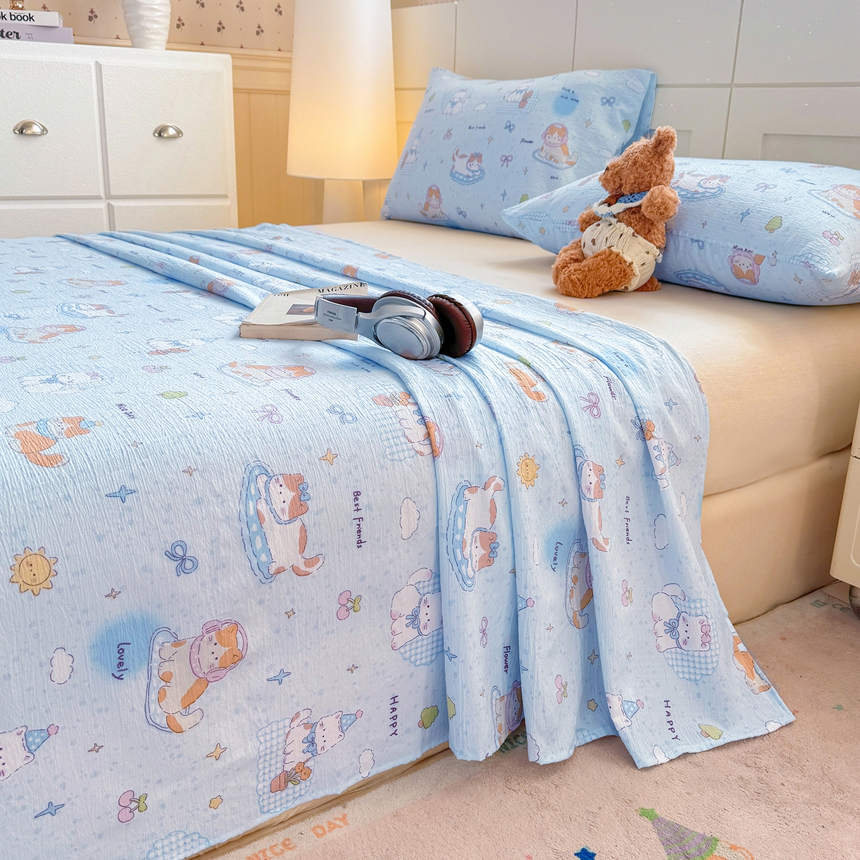 91家纺网 家纺一手货源 找家纺 眠势力 2026新款双层纱床单单件云感皱皱纱床罩三件套 海盐奶猫