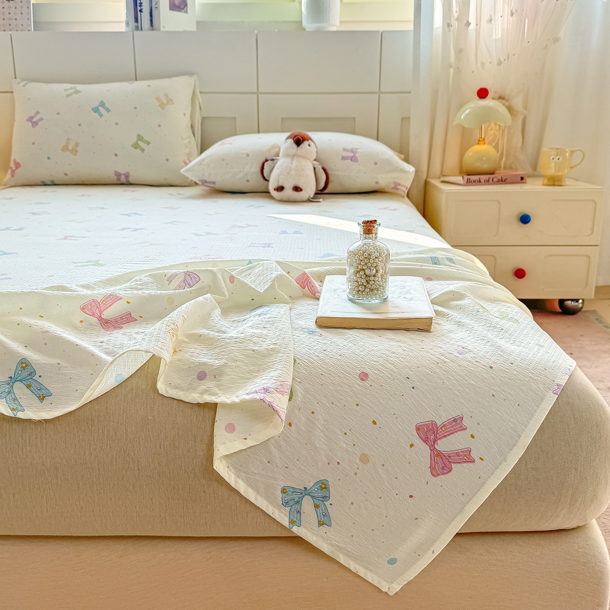 91家纺网 家纺一手货源 找家纺 眠势力 2026新款双层纱床单单件云感皱皱纱床罩三件套 缤纷彩结