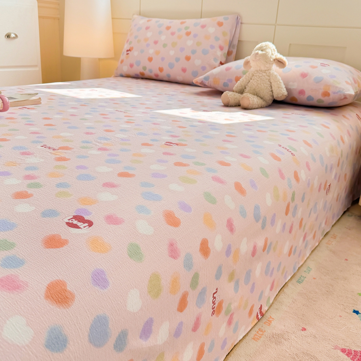 91家纺网 家纺一手货源 找家纺 眠势力 2026新款双层纱床单单件云感皱皱纱床罩三件套 彩色心情