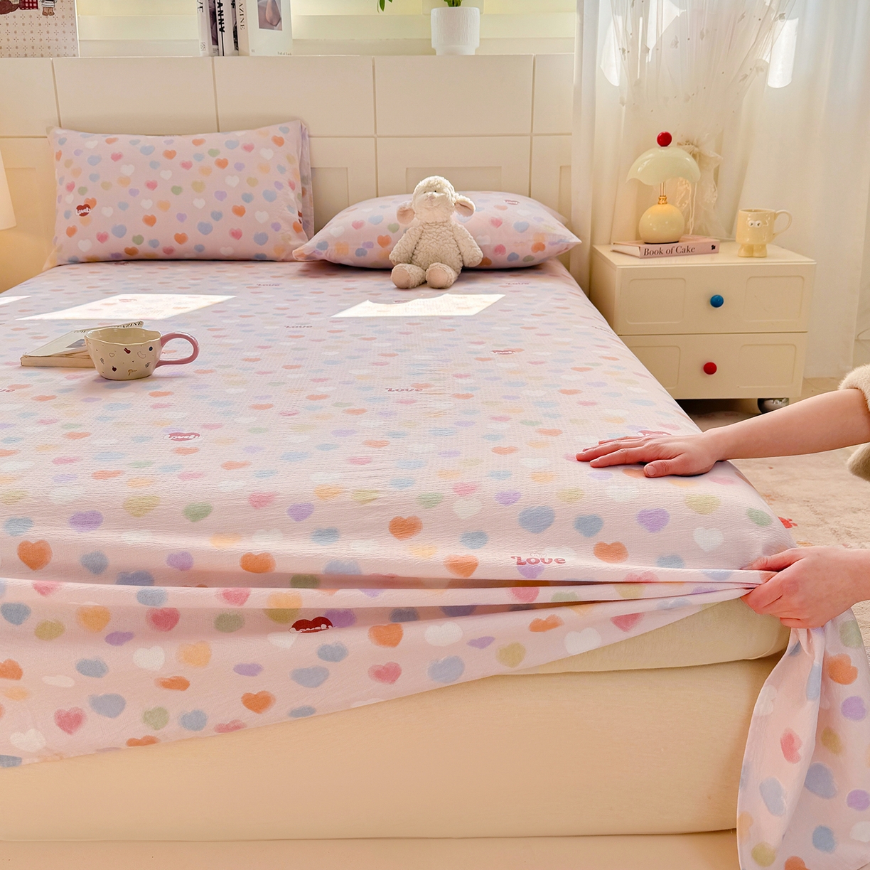 91家纺网 家纺一手货源 找家纺 眠势力 2026新款双层纱床单单件云感皱皱纱床罩三件套 彩色心情