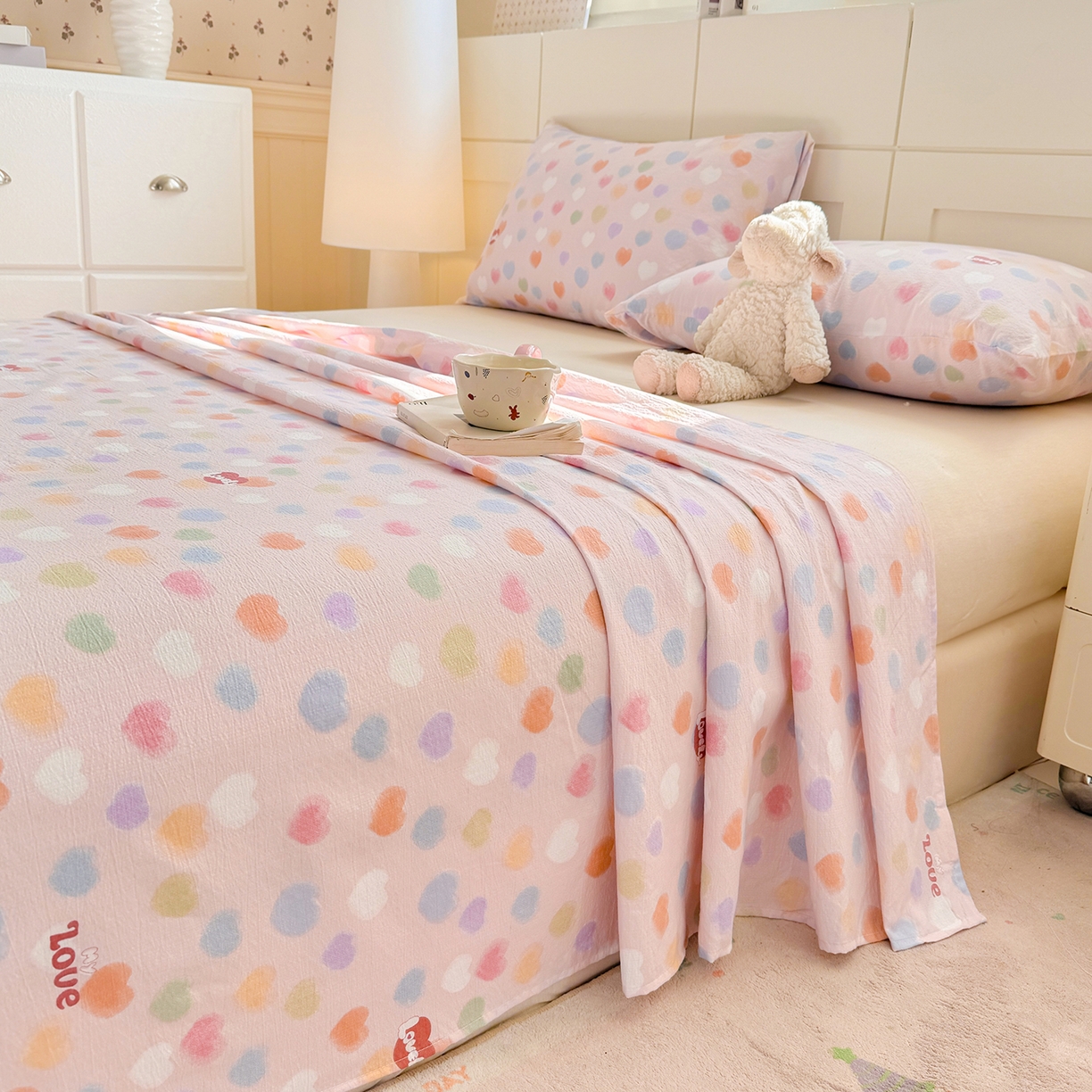 91家纺网 家纺一手货源 找家纺 眠势力 2026新款双层纱床单单件云感皱皱纱床罩三件套 彩色心情