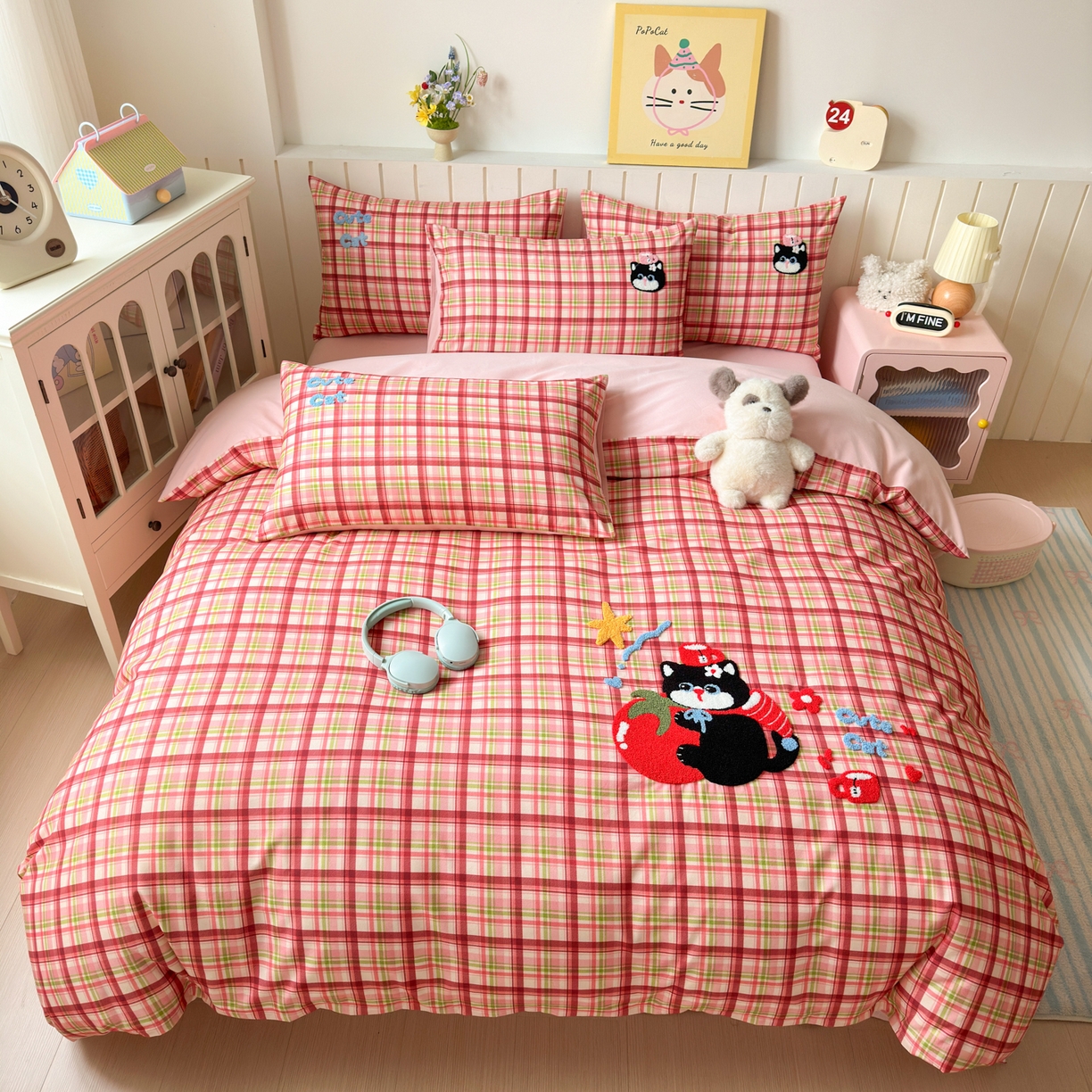 如意朵 2026新款超柔高密全棉小清新绣花四件套（专版花型） 番茄萌喵