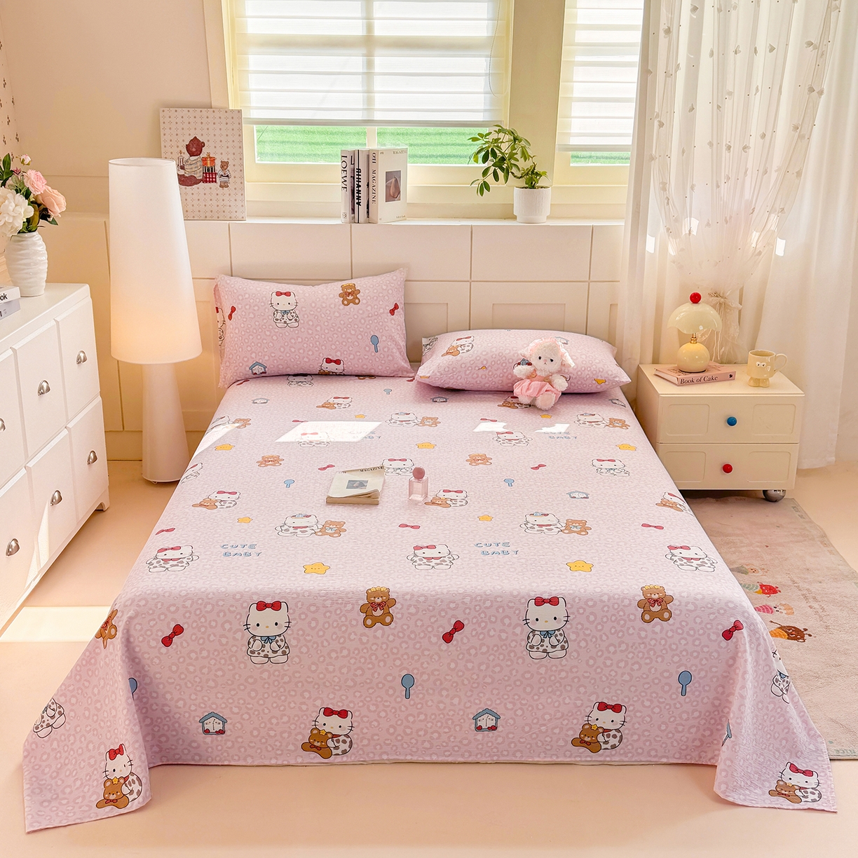 91家纺网 家纺一手货源 找家纺 眠势力 2026新款双层纱床单单件云感皱皱纱床罩三件套 哈喽猫咪