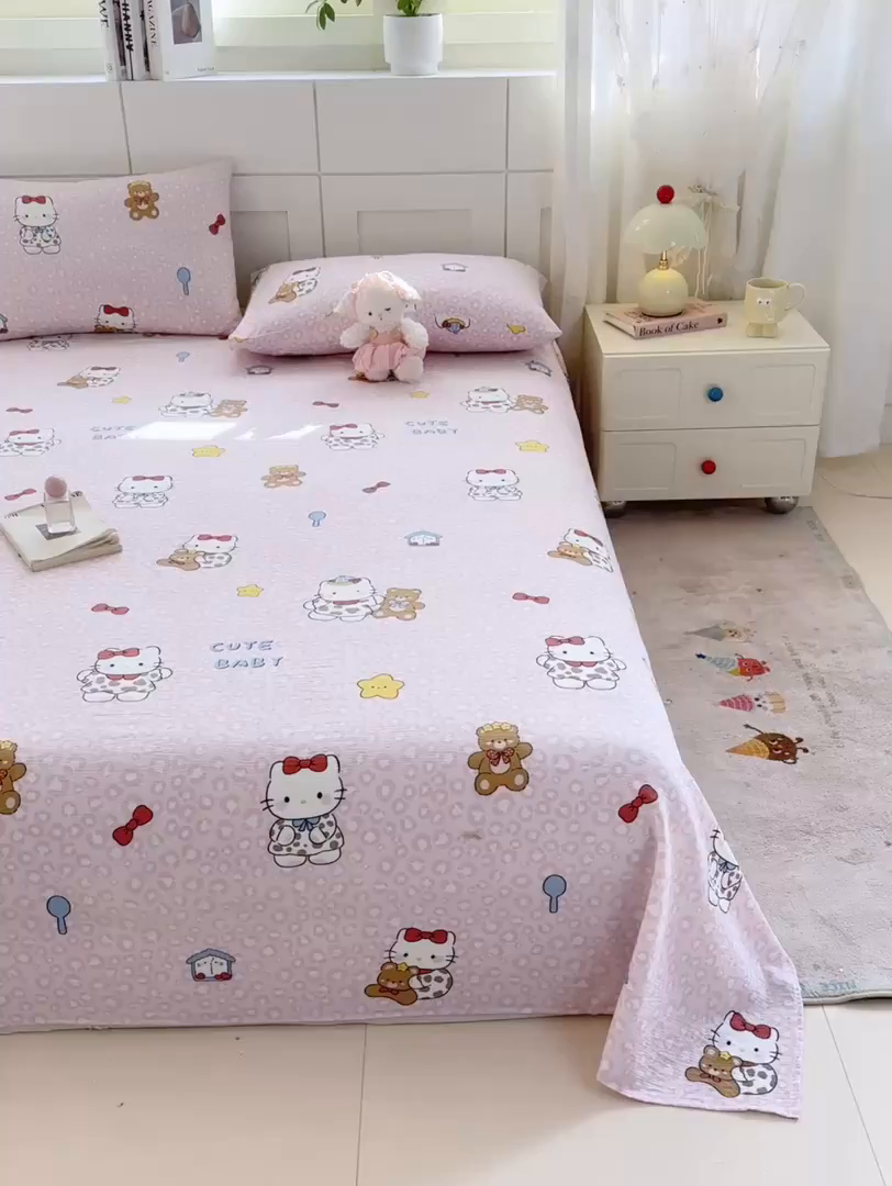 91家纺网 家纺一手货源 找家纺 眠势力 2026新款双层纱床单单件云感皱皱纱床罩三件套 哈喽猫咪