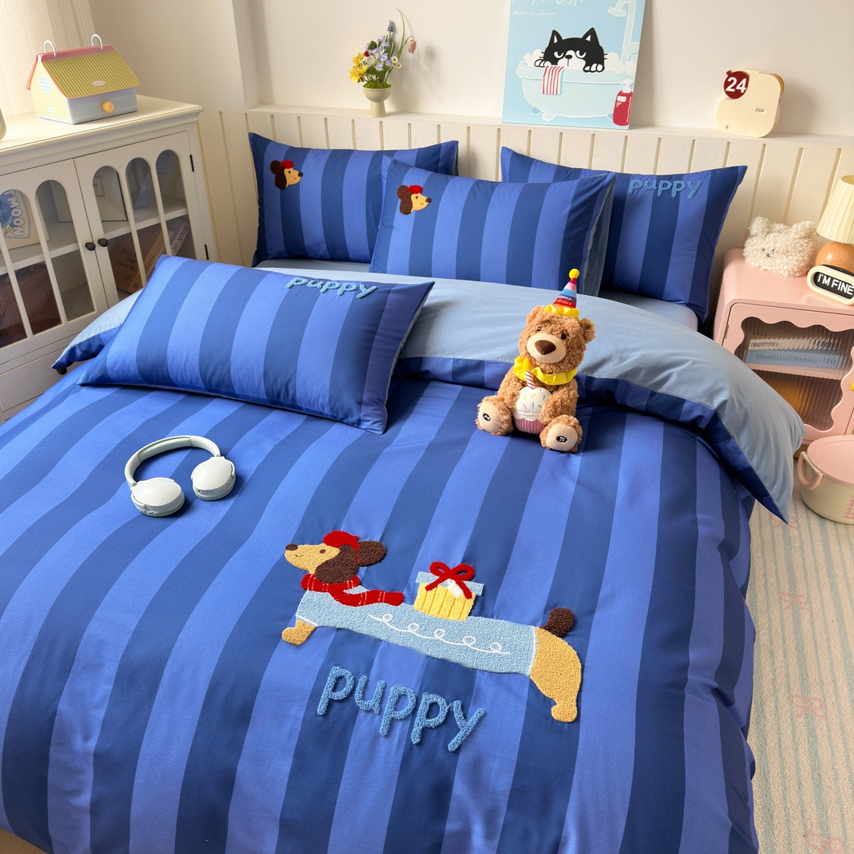 91家纺网 家纺一手货源 找家纺 如意朵 2026新款超柔高密全棉小清新绣花四件套（专版花型） 礼物狗狗