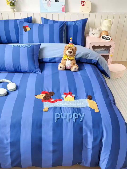 91家纺网 家纺一手货源 找家纺 如意朵 2026新款超柔高密全棉小清新绣花四件套（专版花型） 礼物狗狗