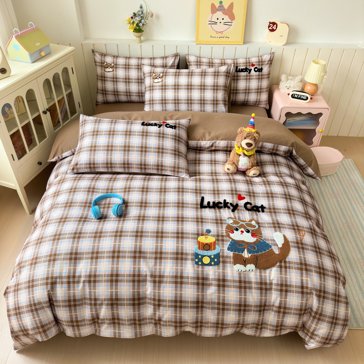 如意朵 2026新款超柔高密全棉小清新绣花四件套（专版花型） 摩卡萌喵