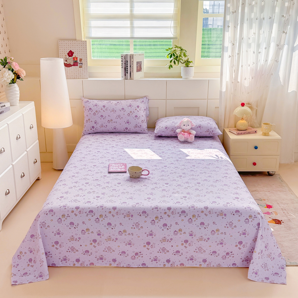 91家纺网 家纺一手货源 找家纺 眠势力 2026新款双层纱床单单件云感皱皱纱床罩三件套 萌兔乐园