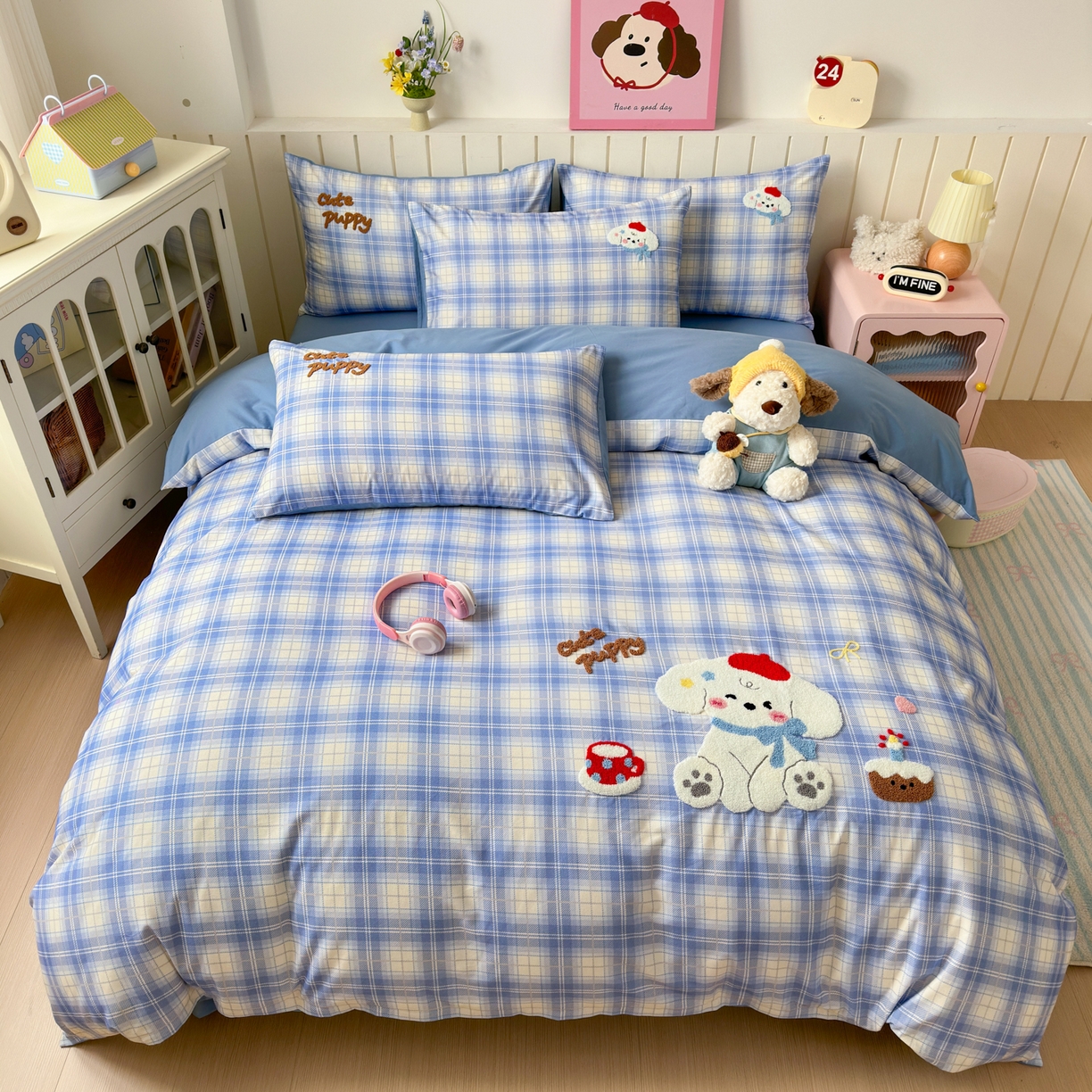 如意朵 2026新款超柔高密全棉小清新绣花四件套（专版花型） 甜点萌狗