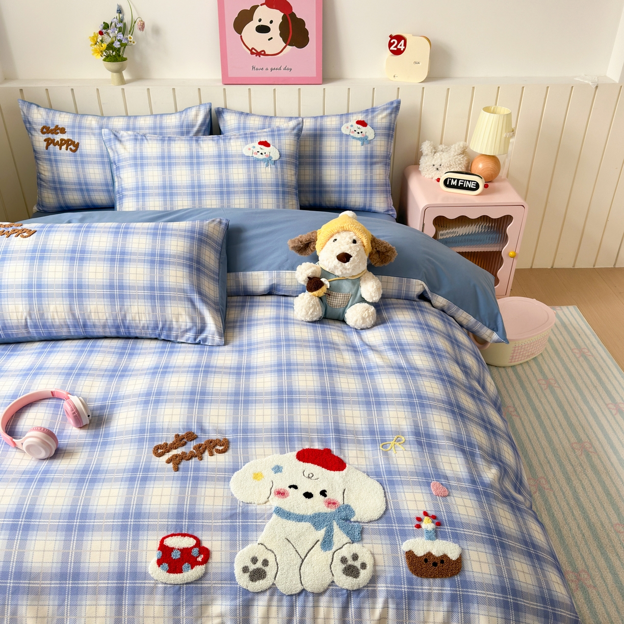 91家纺网 家纺一手货源 找家纺 如意朵 2026新款超柔高密全棉小清新绣花四件套（专版花型） 甜点萌狗