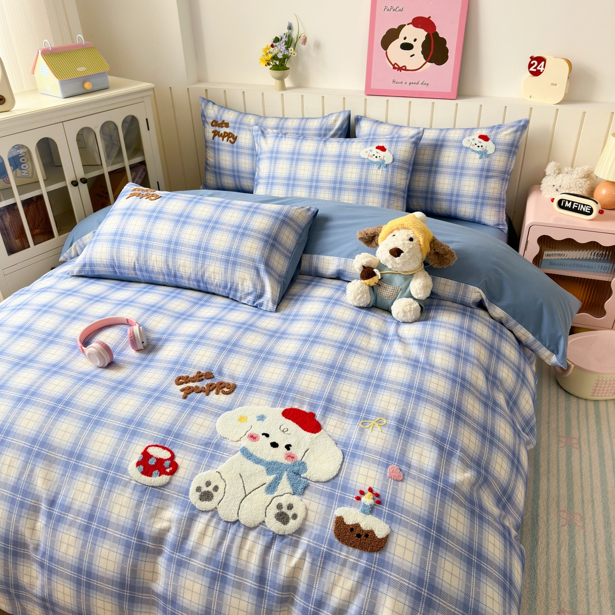 91家纺网 家纺一手货源 找家纺 如意朵 2026新款超柔高密全棉小清新绣花四件套（专版花型） 甜点萌狗