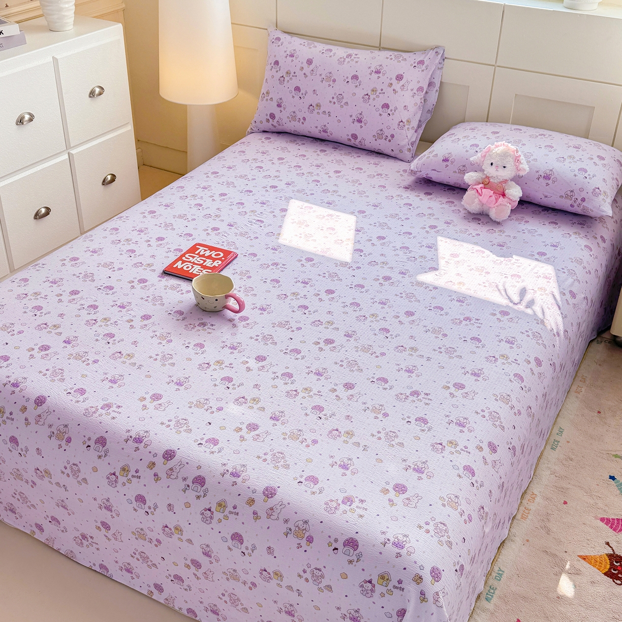 91家纺网 家纺一手货源 找家纺 眠势力 2026新款双层纱床单单件云感皱皱纱床罩三件套 萌兔乐园