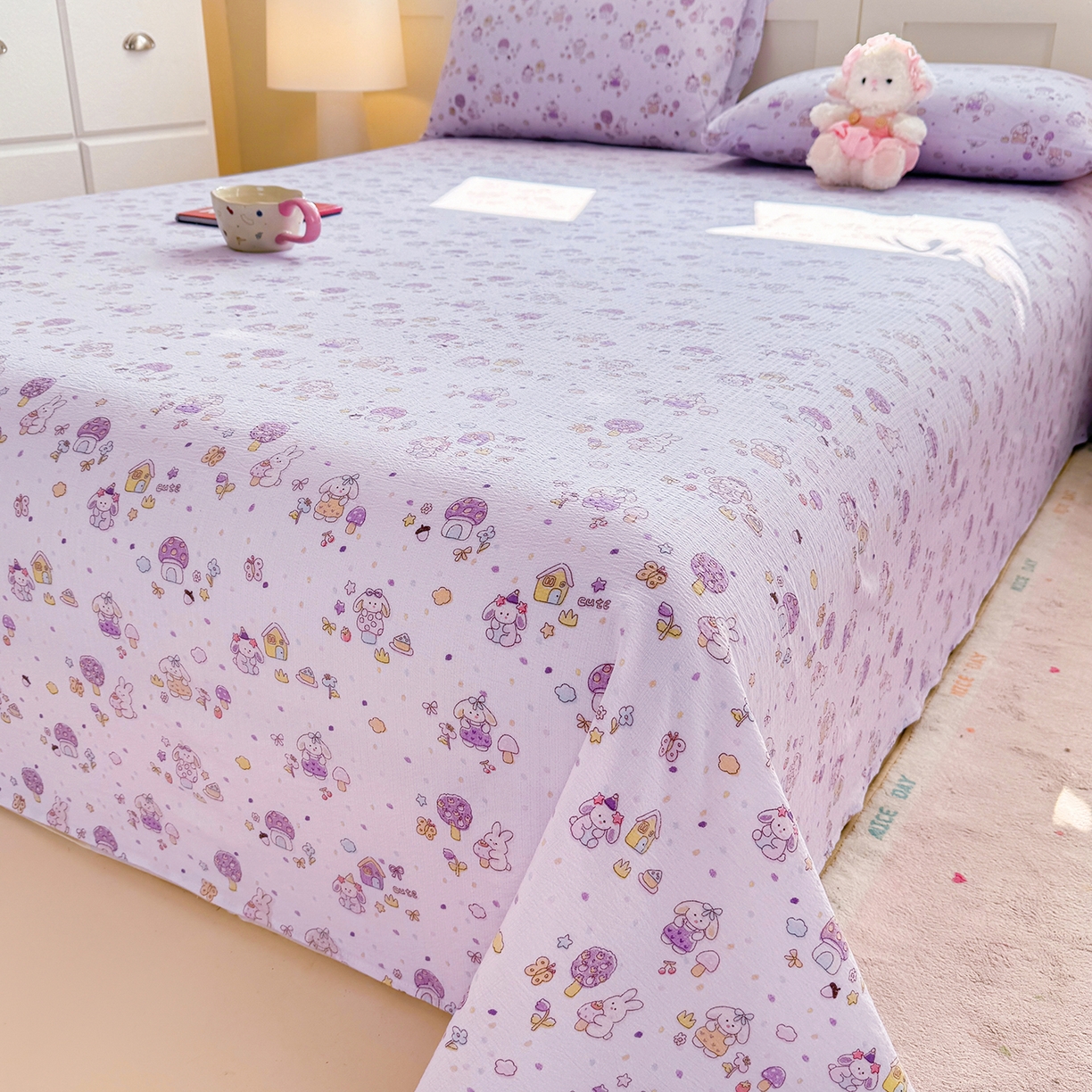 91家纺网 家纺一手货源 找家纺 眠势力 2026新款双层纱床单单件云感皱皱纱床罩三件套 萌兔乐园