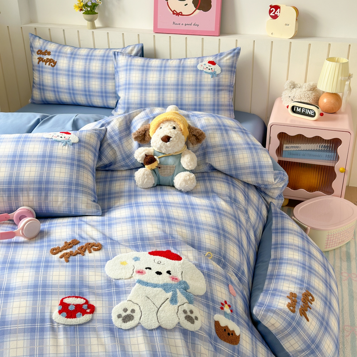 91家纺网 家纺一手货源 找家纺 如意朵 2026新款超柔高密全棉小清新绣花四件套（专版花型） 甜点萌狗