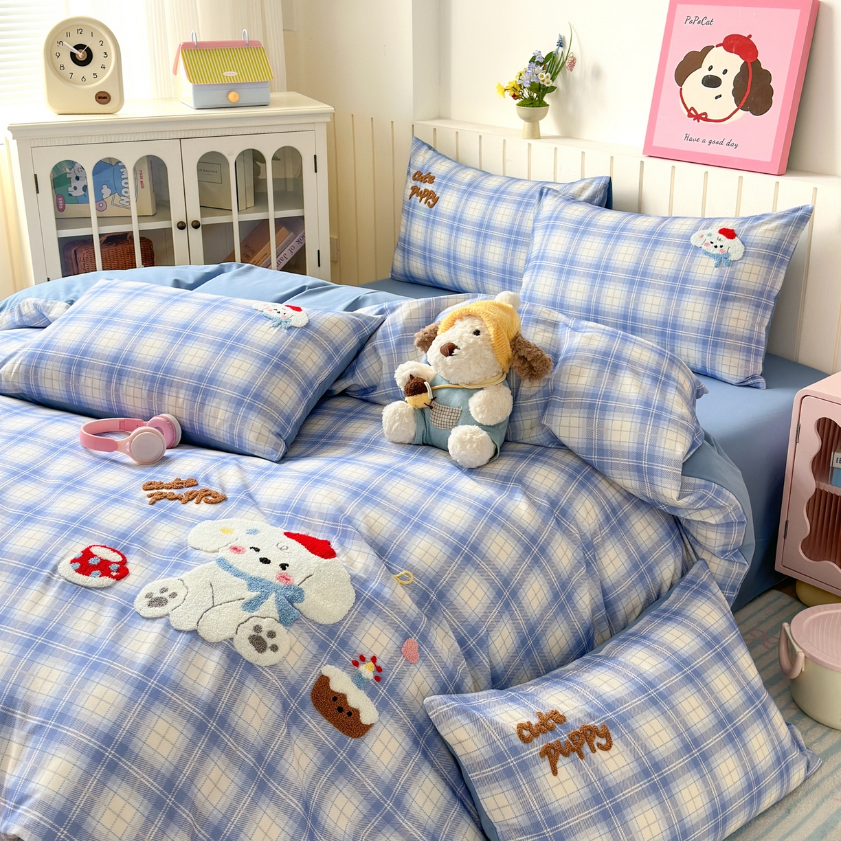 91家纺网 家纺一手货源 找家纺 如意朵 2026新款超柔高密全棉小清新绣花四件套（专版花型） 甜点萌狗