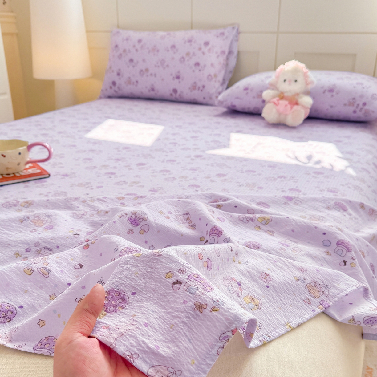 91家纺网 家纺一手货源 找家纺 眠势力 2026新款双层纱床单单件云感皱皱纱床罩三件套 萌兔乐园