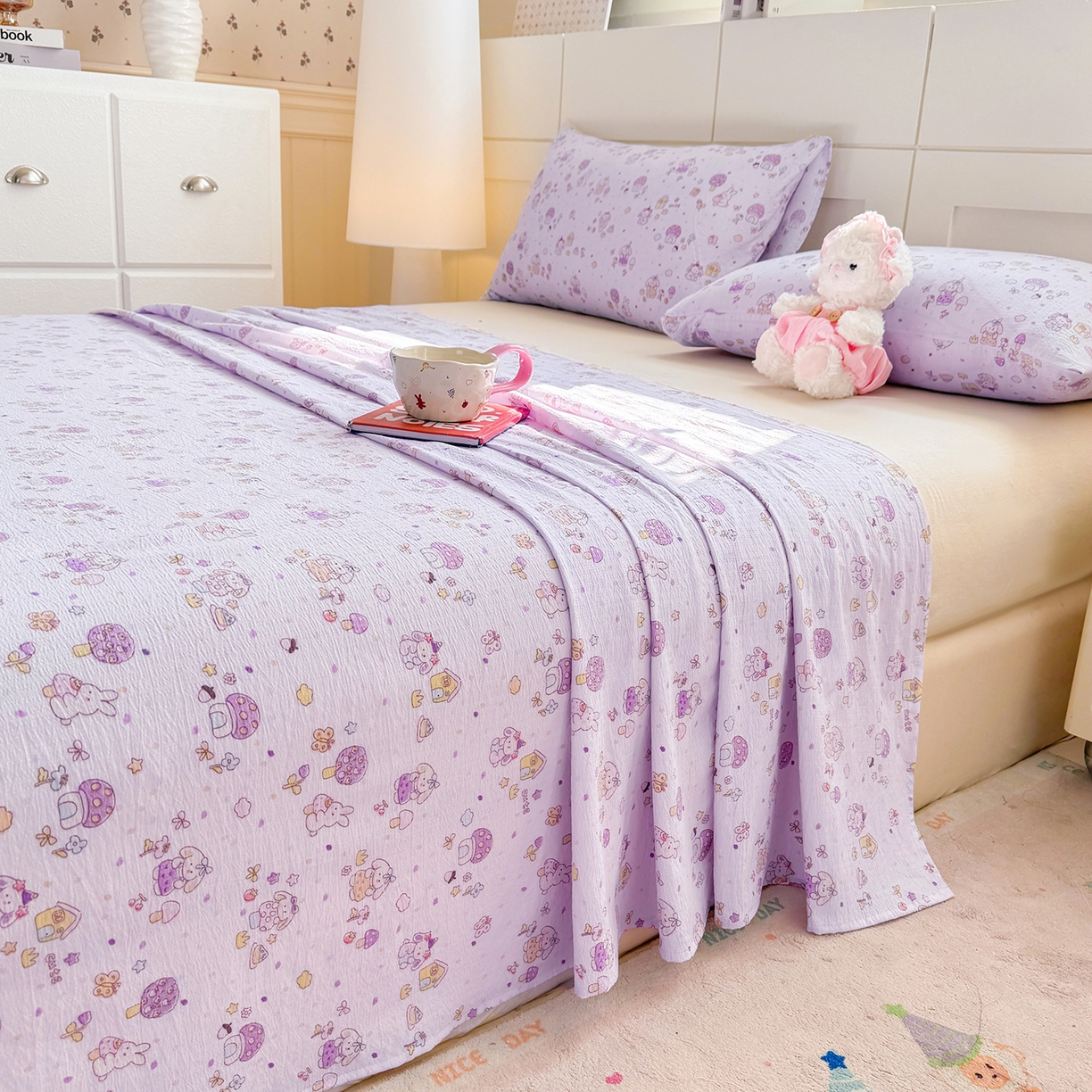 91家纺网 家纺一手货源 找家纺 眠势力 2026新款双层纱床单单件云感皱皱纱床罩三件套 萌兔乐园