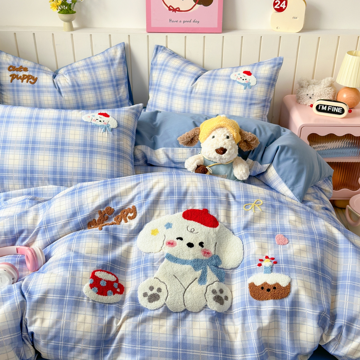 91家纺网 家纺一手货源 找家纺 如意朵 2026新款超柔高密全棉小清新绣花四件套（专版花型） 甜点萌狗