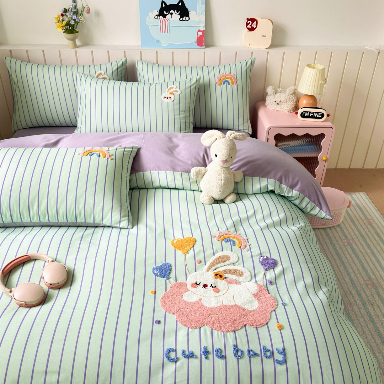 91家纺网 家纺一手货源 找家纺 如意朵 2026新款超柔高密全棉小清新绣花四件套（专版花型） 甜睡小兔