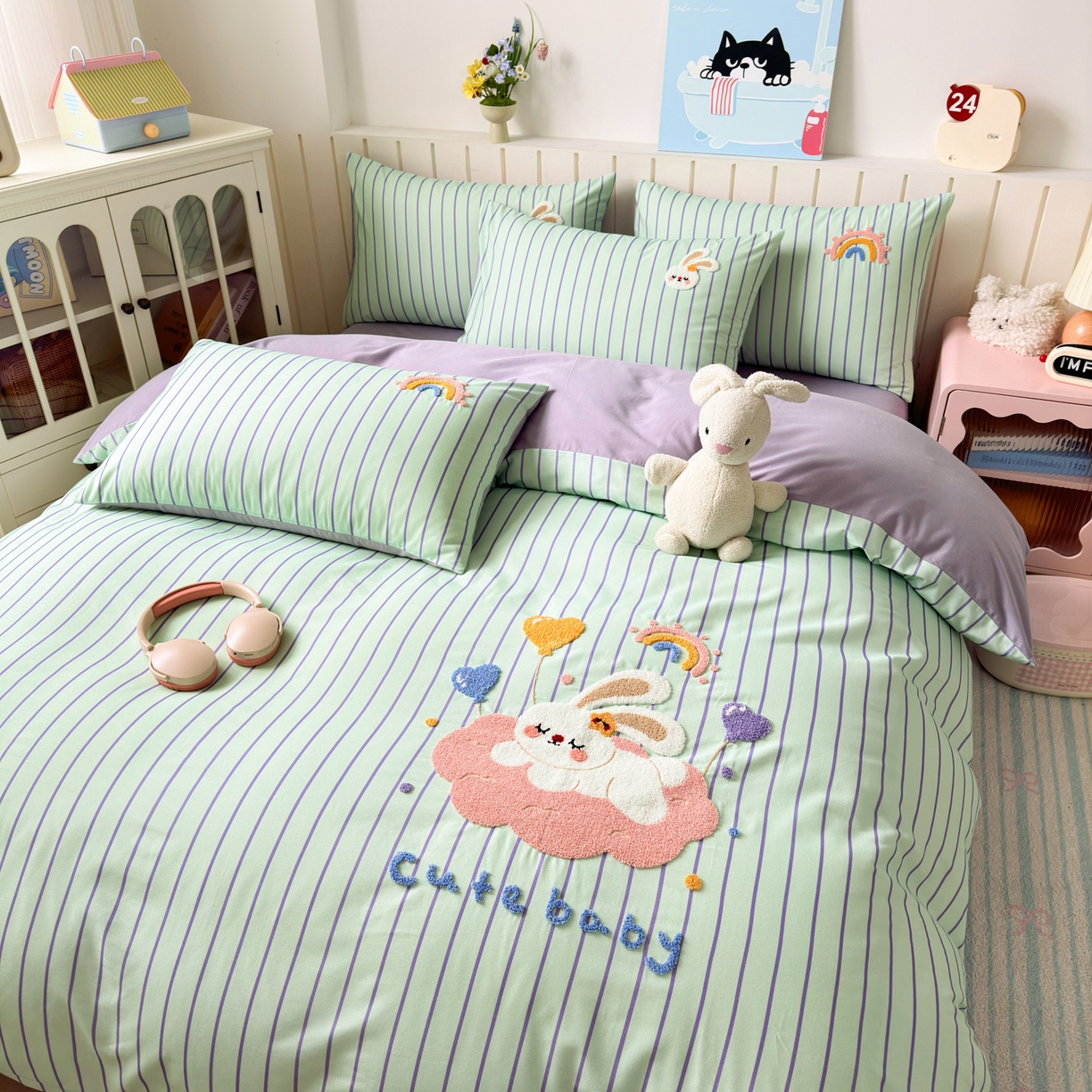 91家纺网 家纺一手货源 找家纺 如意朵 2026新款超柔高密全棉小清新绣花四件套（专版花型） 甜睡小兔