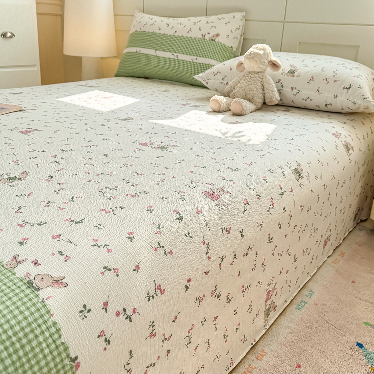 91家纺网 家纺一手货源 找家纺 眠势力 2026新款双层纱床单单件云感皱皱纱床罩三件套 青樱兔语