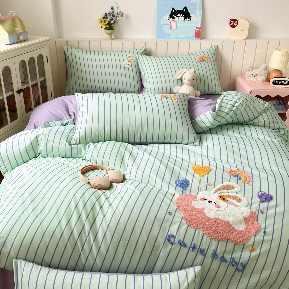 91家纺网 家纺一手货源 找家纺 如意朵 2026新款超柔高密全棉小清新绣花四件套（专版花型） 甜睡小兔