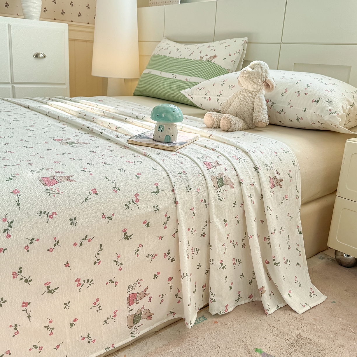 91家纺网 家纺一手货源 找家纺 眠势力 2026新款双层纱床单单件云感皱皱纱床罩三件套 青樱兔语