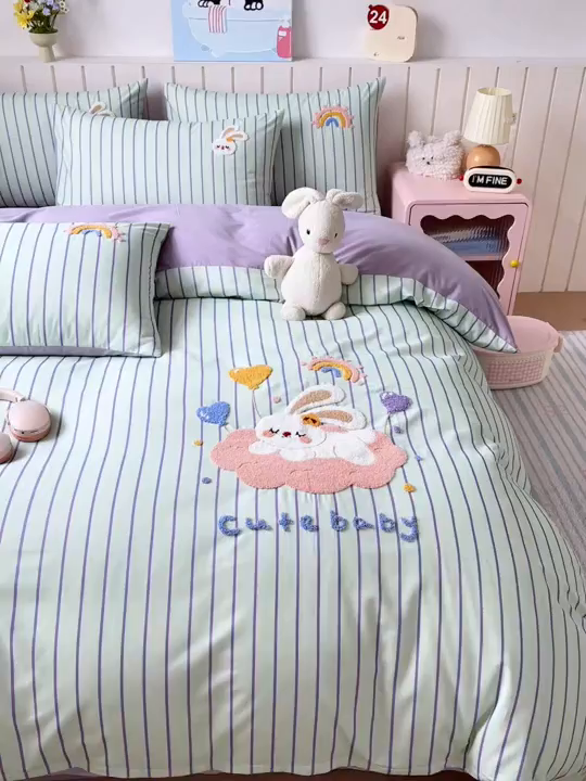 91家纺网 家纺一手货源 找家纺 如意朵 2026新款超柔高密全棉小清新绣花四件套（专版花型） 甜睡小兔